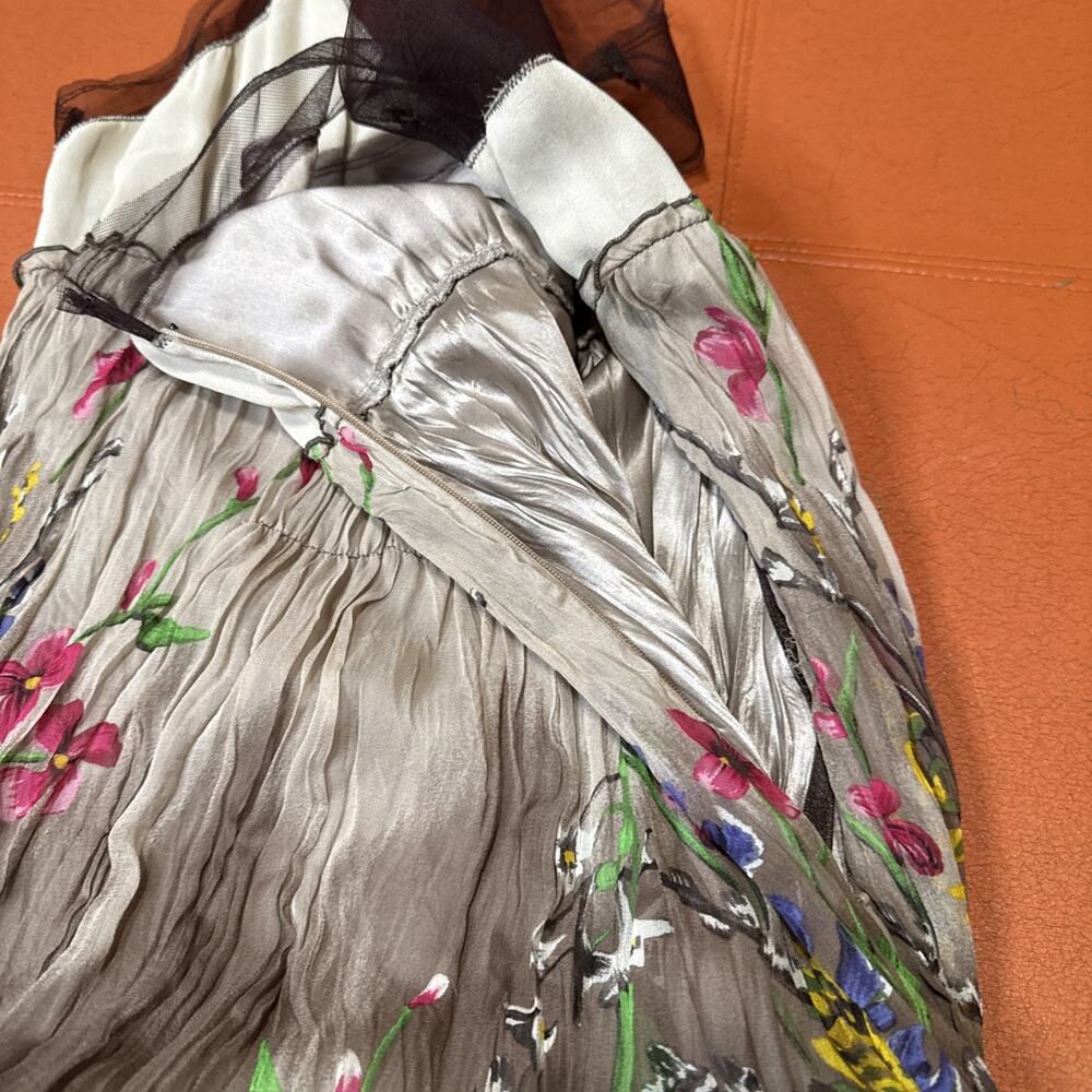 BCBGMaxazria Silk Tulle Dress Womens Medium Brown Floral Chiffon Sheer Trim - Picture 14 of 16